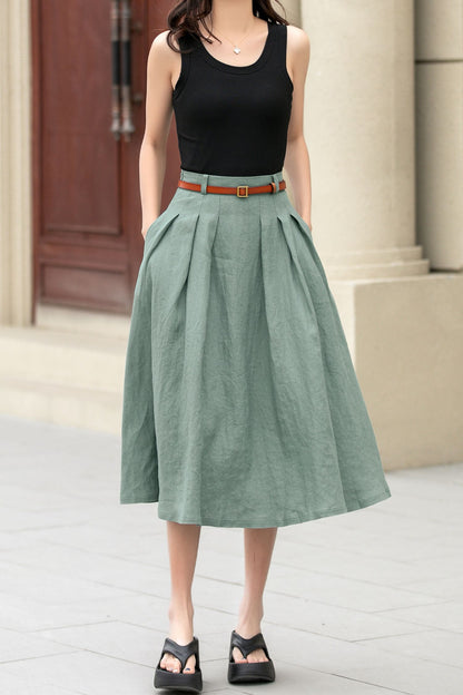Green Linen Cotton Pleated Midi Skirt - A-Line Silhouette 4958