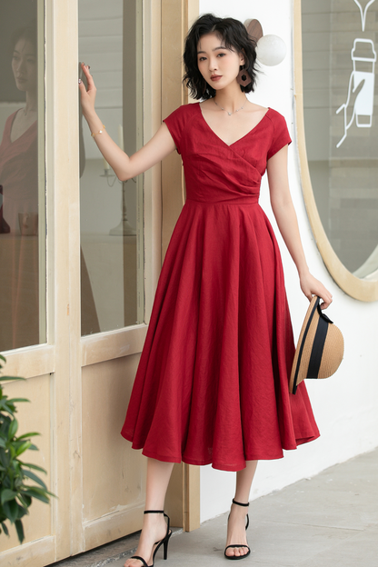 Red Linen Midi Dress - Fit and Flare A-Line with V-Neck 5831