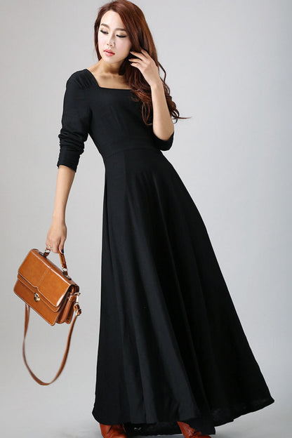 Black Linen Maxi Dress - Square Neckline Pleated Skirt 793