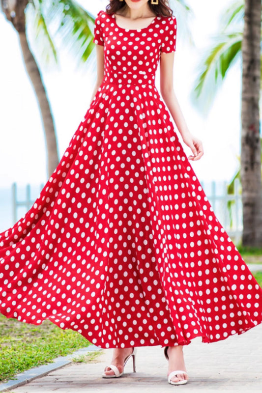 Red and white polka dot long chiffon dress 5157