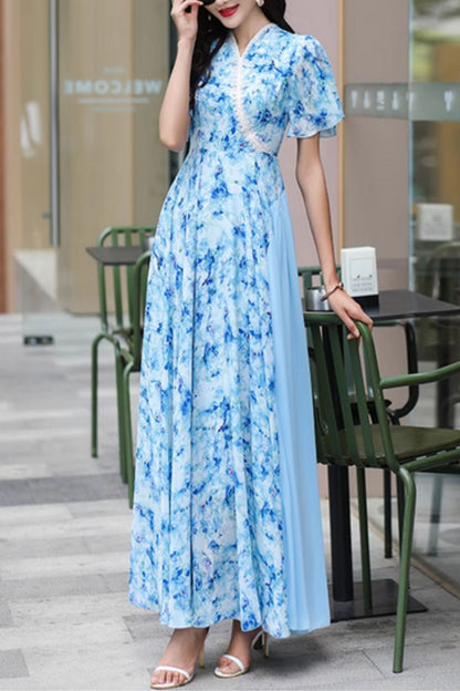 Blue Floral Chiffon Maxi Dress - V-Neck, Short Swing Sleeves 5016