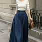 Navy Blue Linen Maxi Pleated Skirt 5688