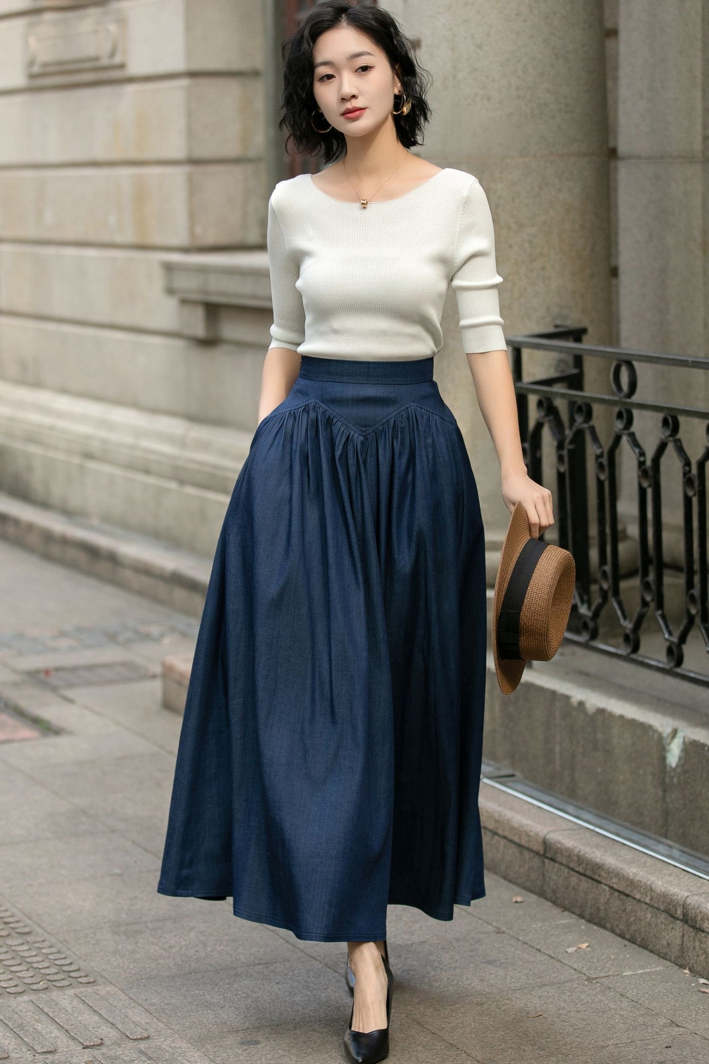 Navy Blue Linen Maxi Pleated Skirt 5688