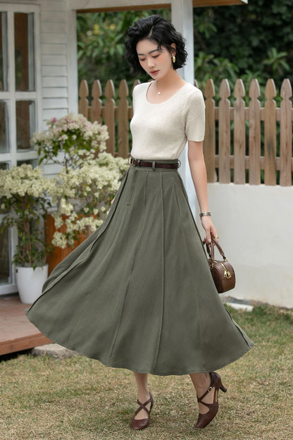 Xiaolizi Olive Green Linen Midi Skirt – Vintage High Waist A-Line 6696
