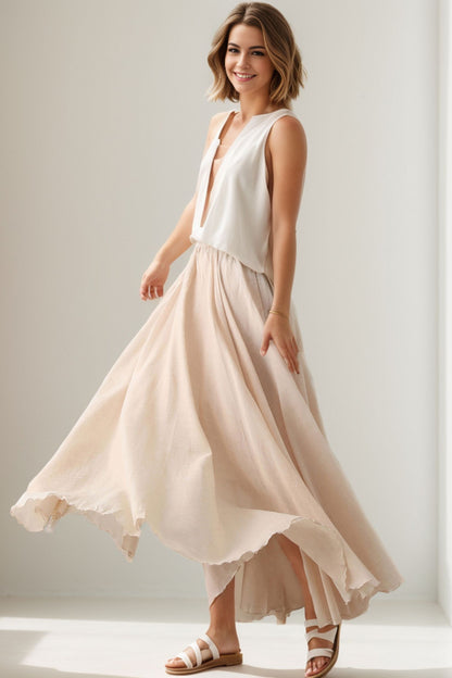 Beige Linen Cotton Maxi Skirt - Circle Swing Pleated | Xiaolizi 5134