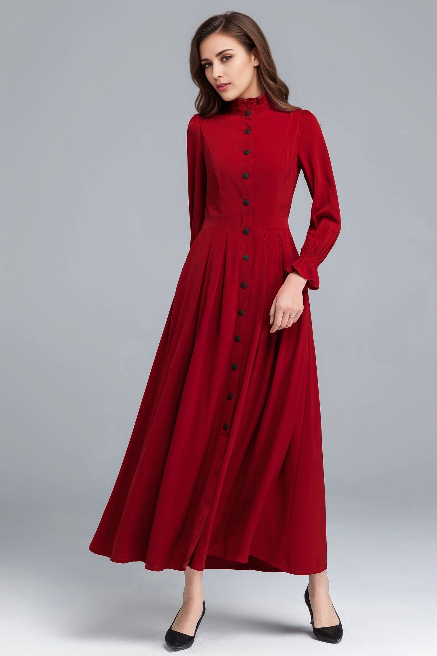 Red Long Sleeve Button Front Maxi Dress – Elegant Fit and Flare Shirt Dress 6345