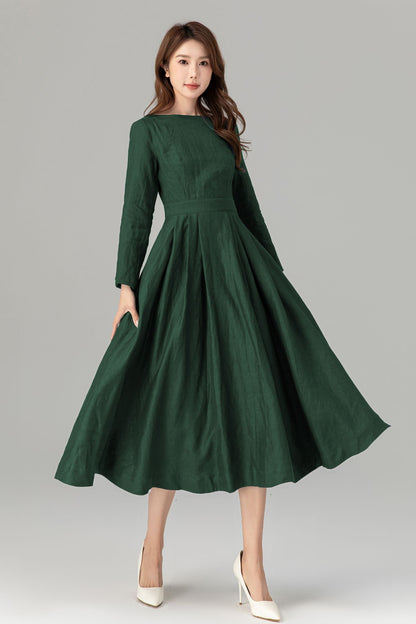 Emerald Green Linen Midi Dress - Fit Flare Pockets | Xiaolizi 5763