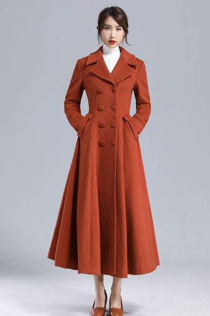 Rust Brown Wool Coat – Vintage Double-Breasted Fit and Flare Overcoat 3233
