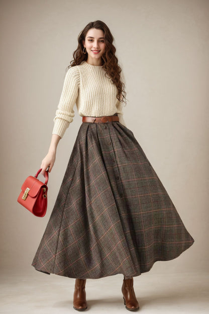 Plaid Wool Maxi Skirt – Handmade Brown Winter Full Skirt with Pockets | Xiaolizi  5251