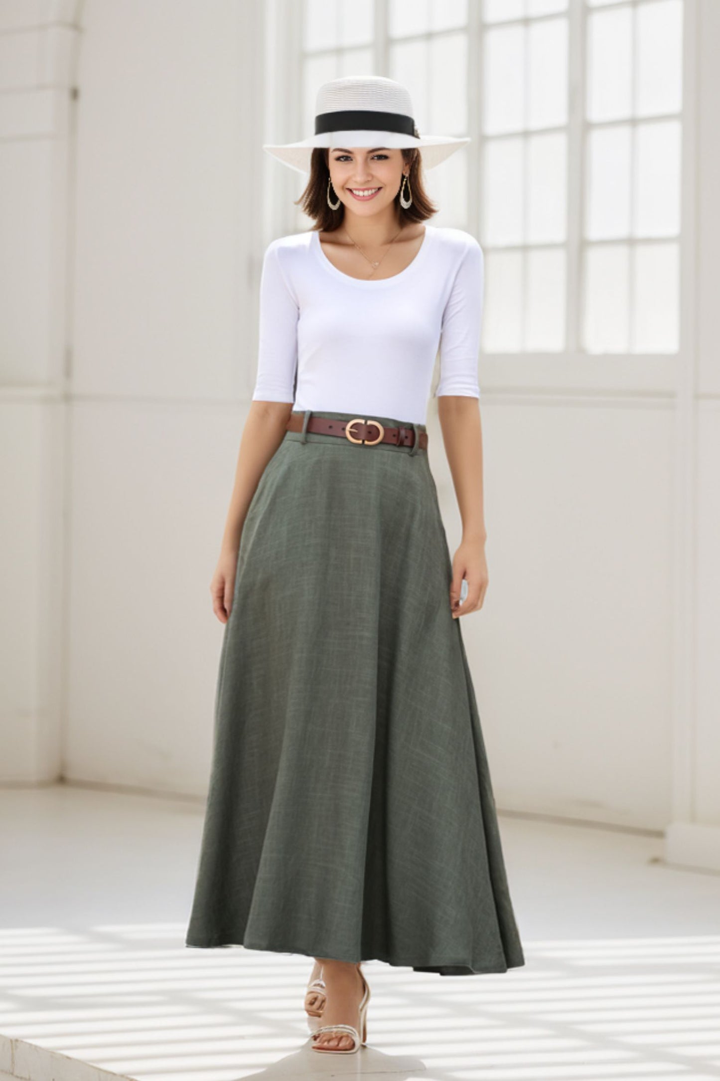 Green A Line Maxi  Linen Skirt with Pockets  2784