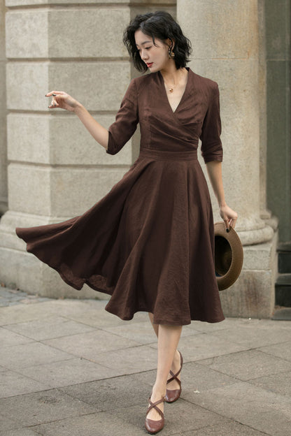 Brown Linen Midi Dress - A-Line V-Neck Pleated | Xiaolizi 5754
