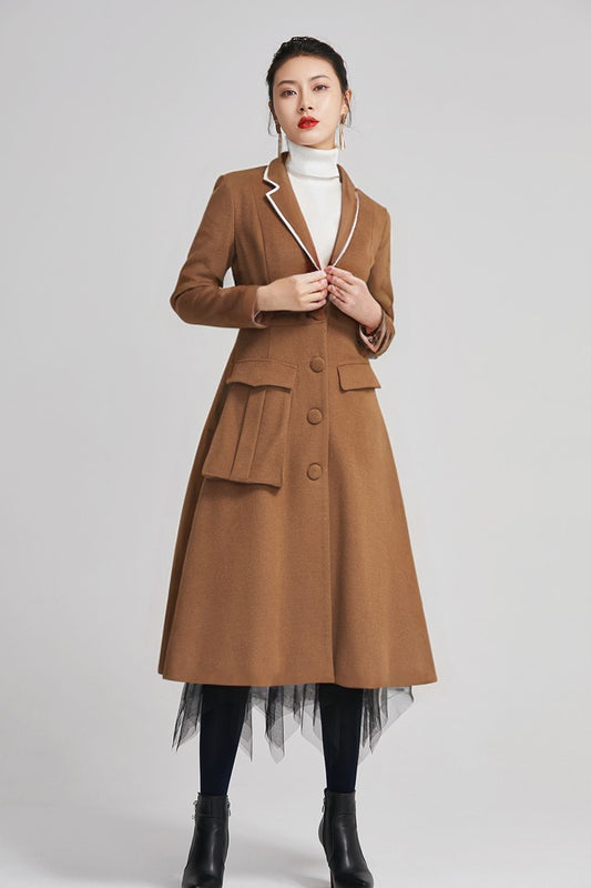 Women's Brown Wool Coat - Midi Length Winter Coat with Lapel Collar 5613