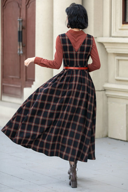 Fit and flare plaid pinafore wool dress women 5354