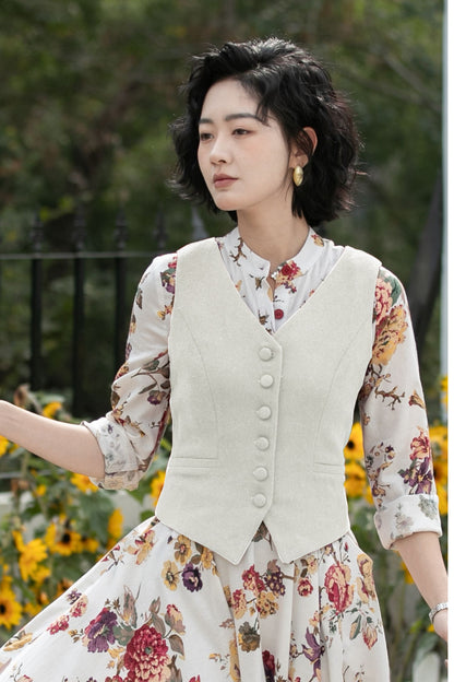 Beige Linen Cotton Vest - V-Neck Tailored Fit | Xiaolizi 6754