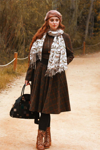 Brown Plaid Wool Midi Dress - Fit and Flare Silhouette 4740