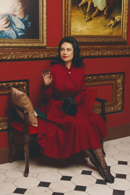 Burgundy Wool Fit & Flare Dress - A-Line Long Sleeve | Xiaolizi 4815