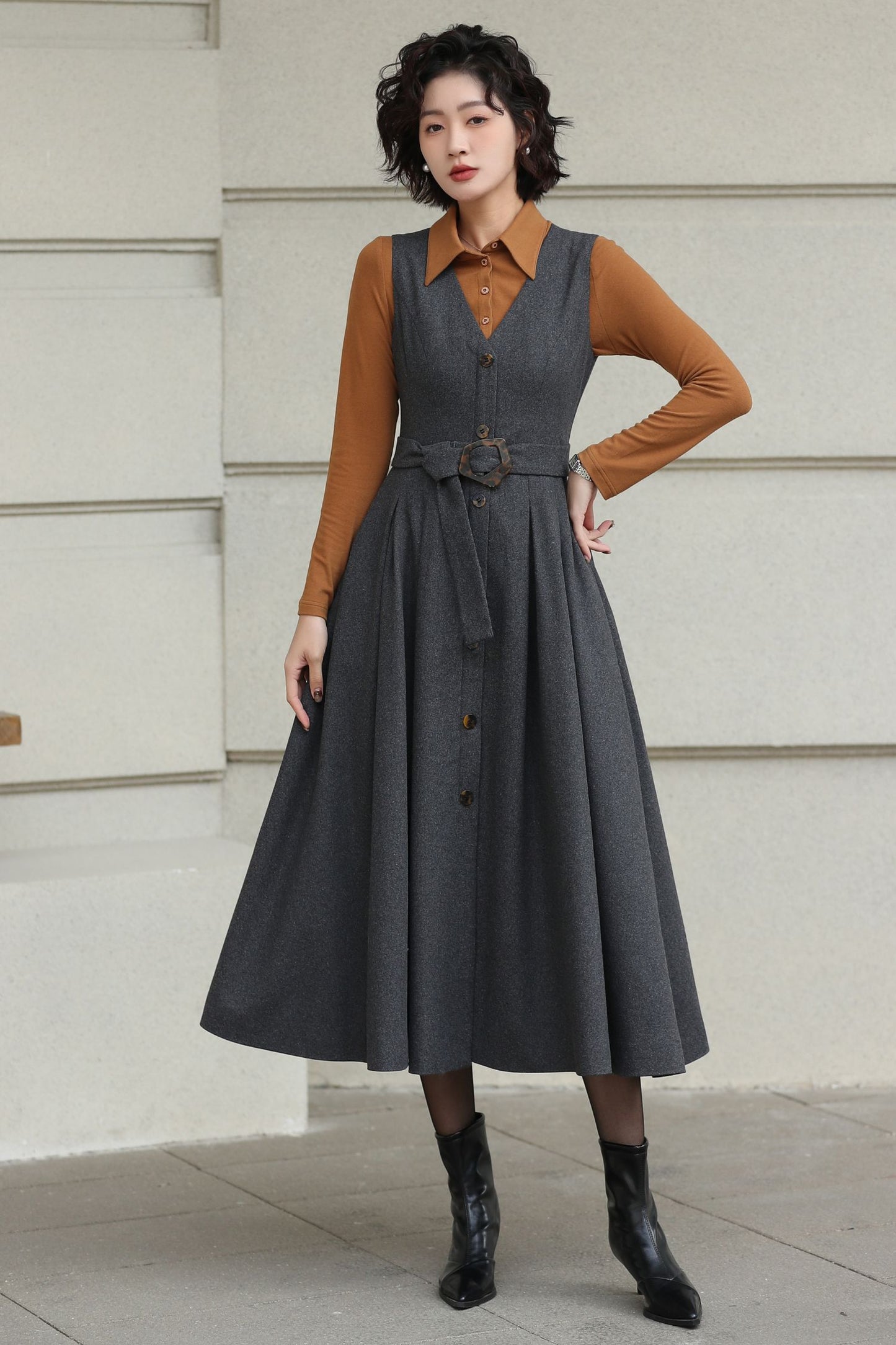 Gray Handmade Wool Pinafore Midi Dress – Vintage A-Line Style 6614
