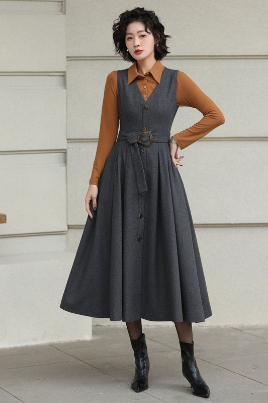 Gray Handmade Wool Pinafore Midi Dress – Vintage A-Line Style 6614