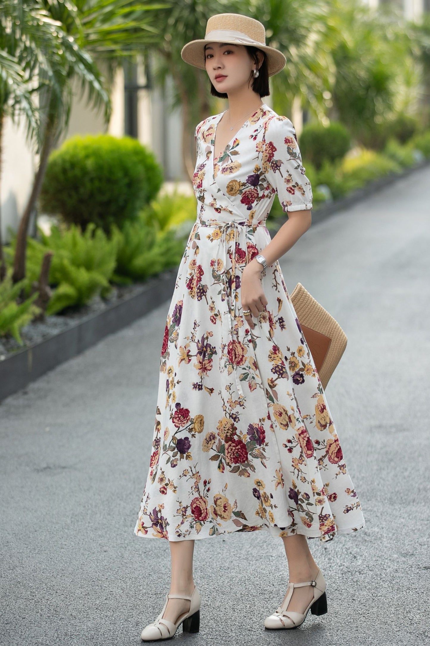 Floral Linen Cotton Wrap Midi Dress – Vintage V-Neck Summer Dress 6667