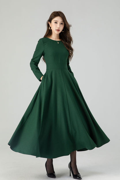 Green Wool Maxi Dress – Women’s Long Sleeve Fit and Flare Winter Dress 4551