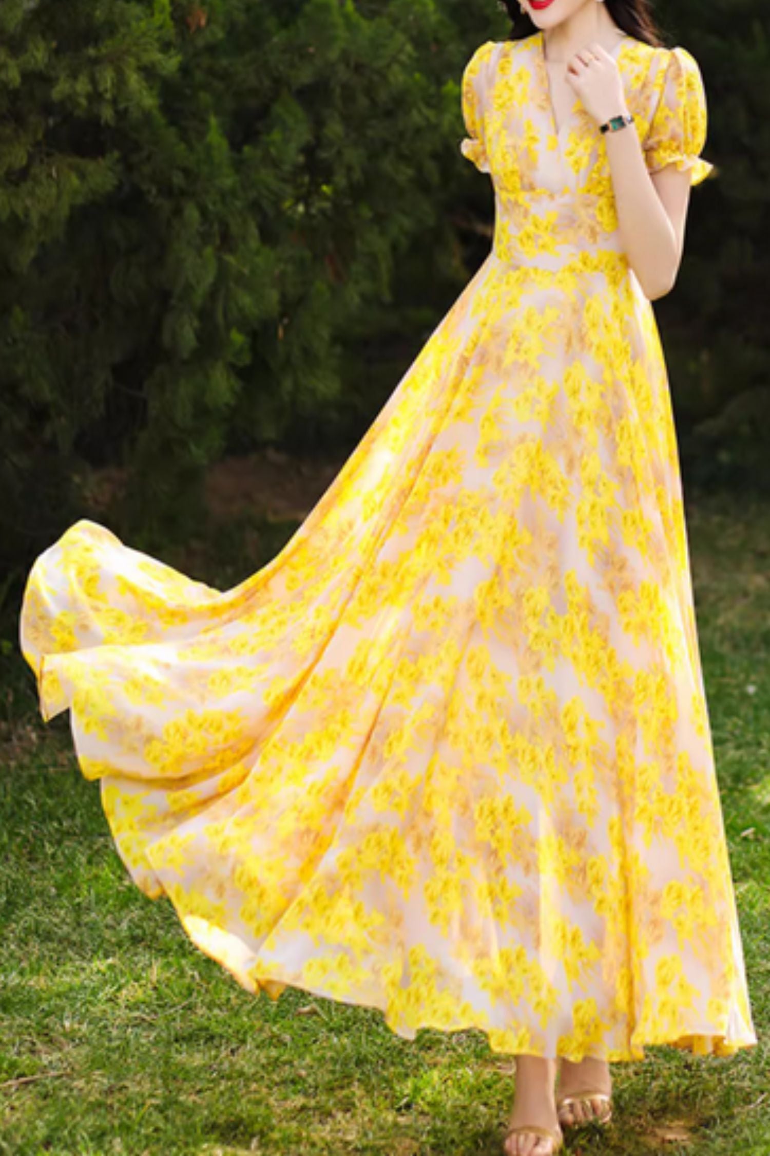 Yellow Floral Chiffon Maxi Dress - Romantic V-Neck, Fitted Waist 5093