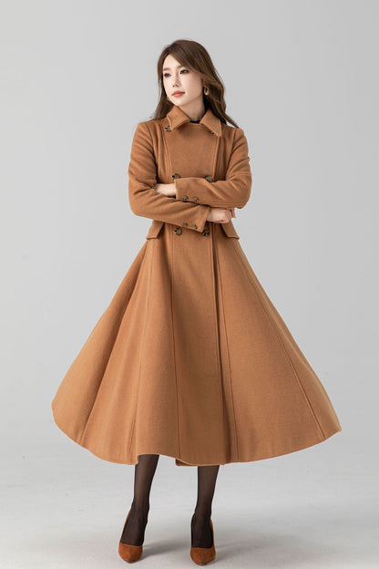 Camel Wool Swing Coat – Vintage Double Breasted Long Winter Overcoat 4668