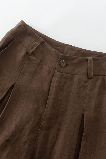 Brown Linen Wide Leg Pants - High Waisted Pleated Detail 4918