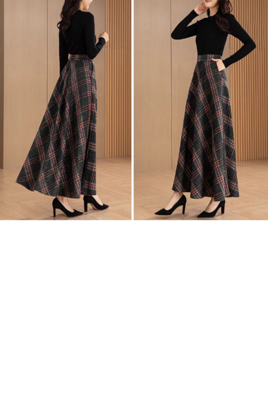 Maxi plaid winter long wool skirt 5564