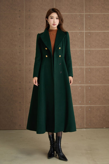 Green Wool Midi Coat - Fit and Flare Double Breasted Winter Outerwear 5368