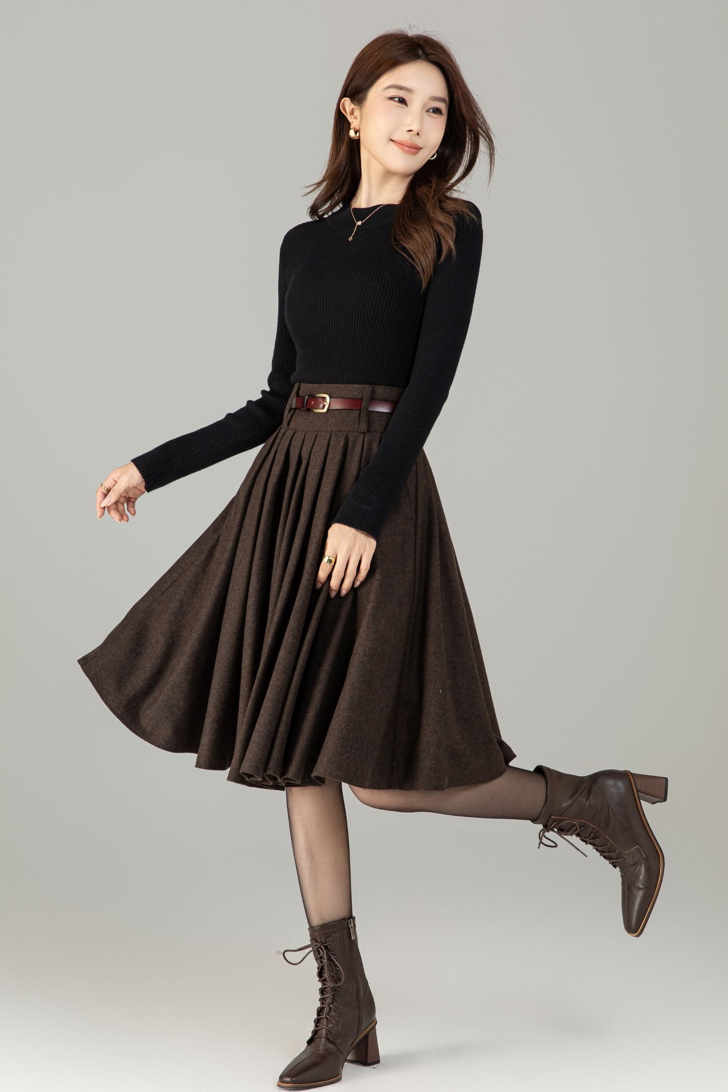 Vintage Wool Blend Circle Skirt – Handmade Knee Length Winter Skirt with Pockets | Xiaolizi 6499