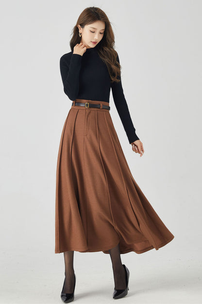 Handmade Wool Pleated Midi Skirt – High Waist Brown Winter Skirt | Xiaolizi 5250