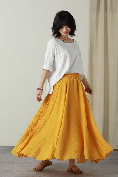 Elastic waist swing long linen skirt women 6179