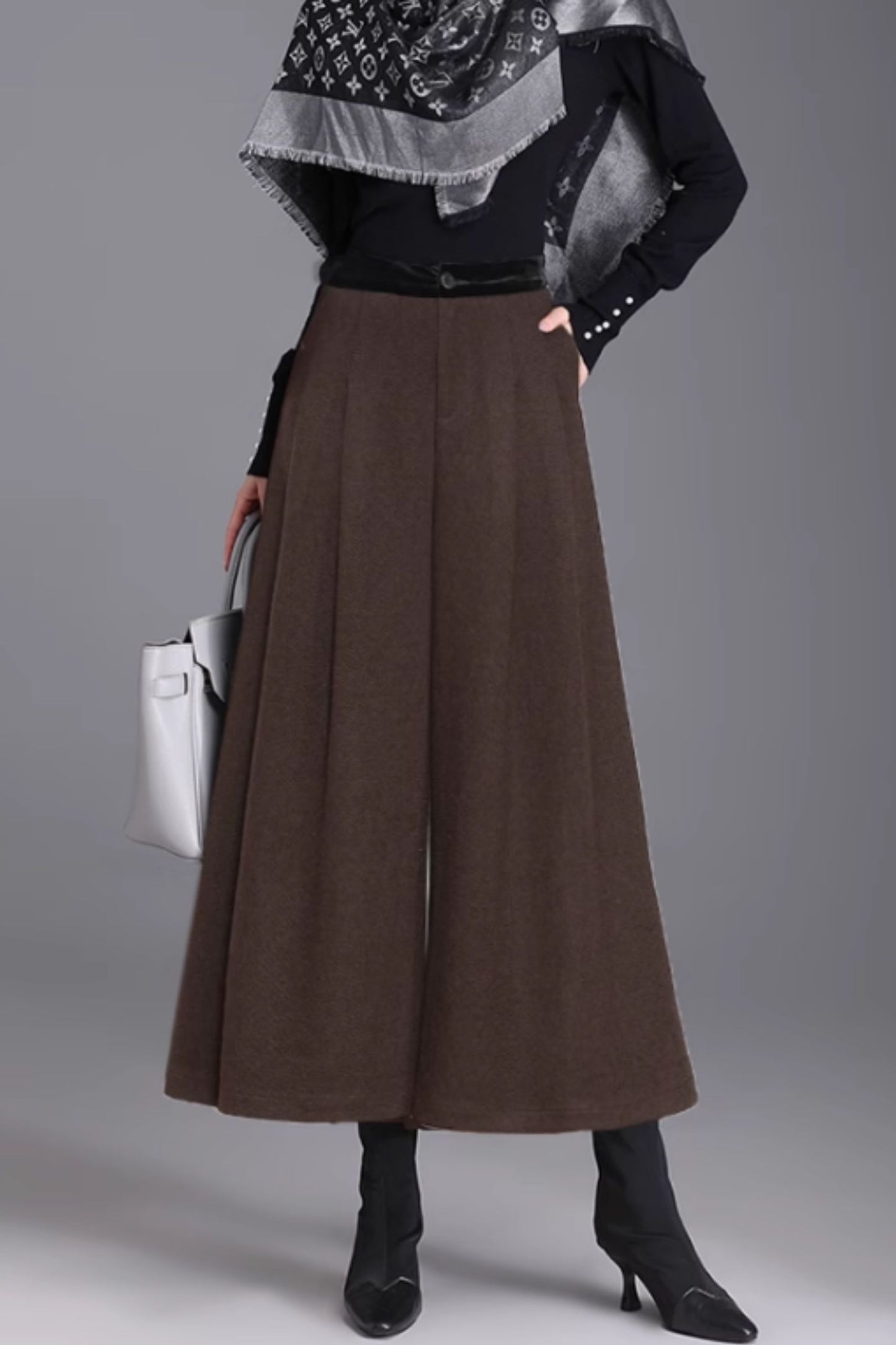Gray Wool Wide Leg Pants - Warm Midi Length with Pockets 6368