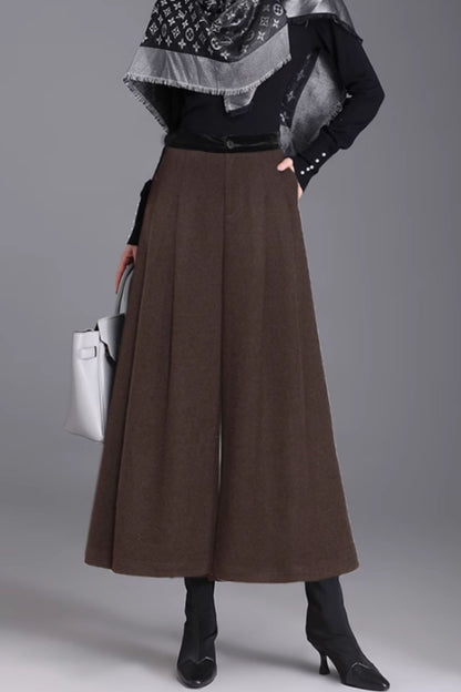 Gray Wool Wide Leg Pants - Warm Midi Length with Pockets 6368