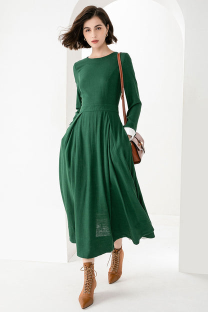 Emerald Green Linen Maxi Dress - Fitted Waist with Pleated Flare Skirt 3830
