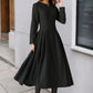 Handmade Black Wool Blend Midi Dress – Elegant Pleated Fit & Flare with Long Sleeves 6524