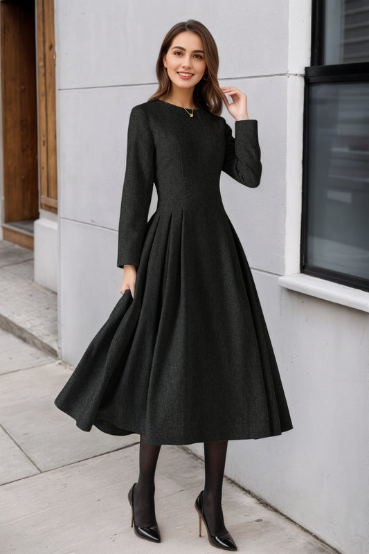 Handmade Black Wool Blend Midi Dress – Elegant Pleated Fit & Flare with Long Sleeves 6524