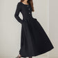 Long sleeves black midi wool dress 5246