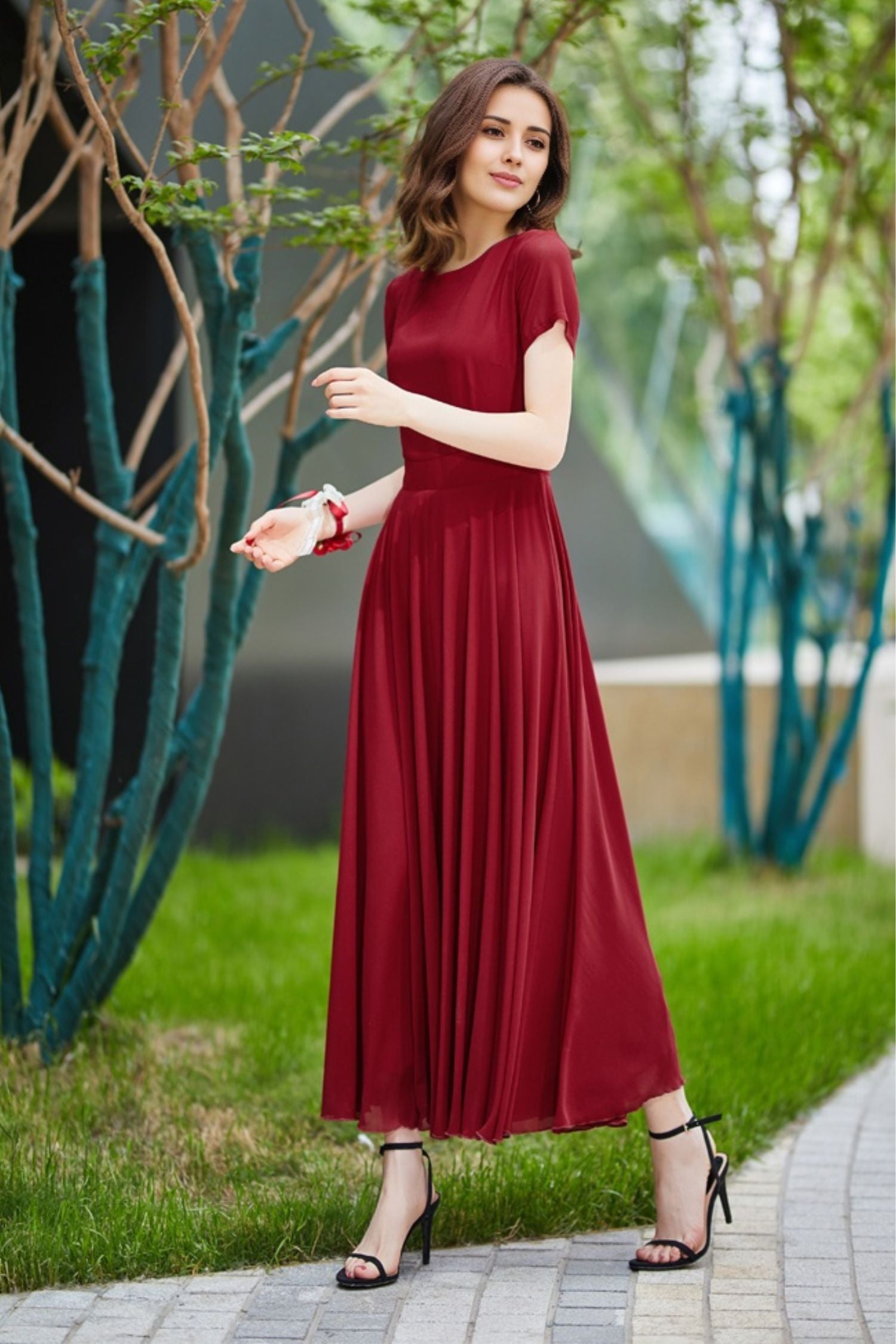 Burgundy Chiffon Maxi Dress - Flowy A-Line with Boat Neckline 5823