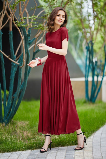 Burgundy Chiffon Maxi Dress - Flowy A-Line with Boat Neckline 5823