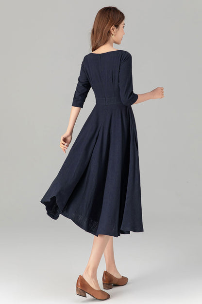 Navy Blue Linen Midi Dress – Vintage Boat Neck Fit & Flare Dress with Pockets | Xiaolizi 4906
