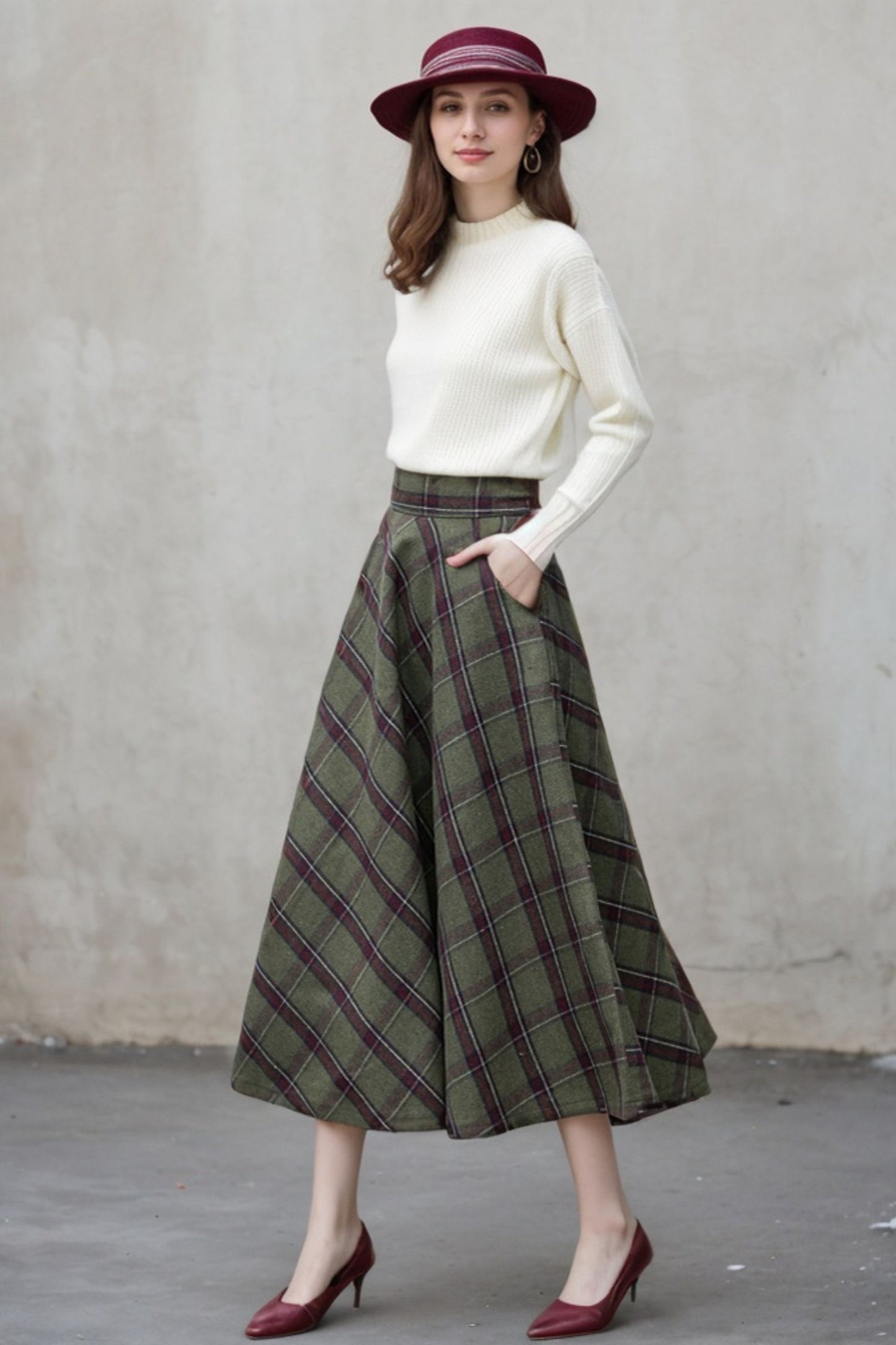 Long Plaid A-Line Wool Skirt 5403