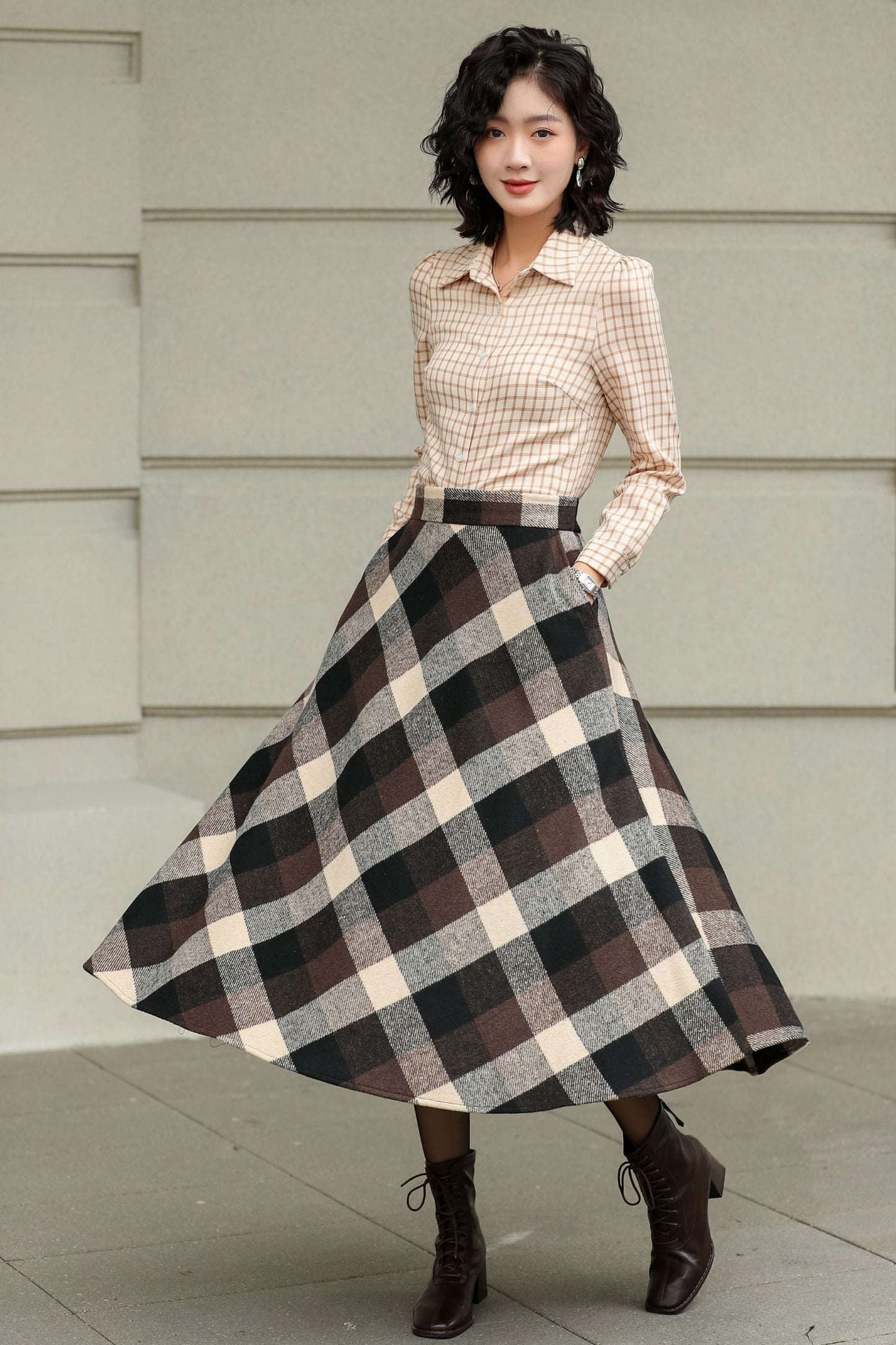 Brown Plaid Wool Midi Skirt – High Waist A-Line Winter Skirt with Pockets 6421