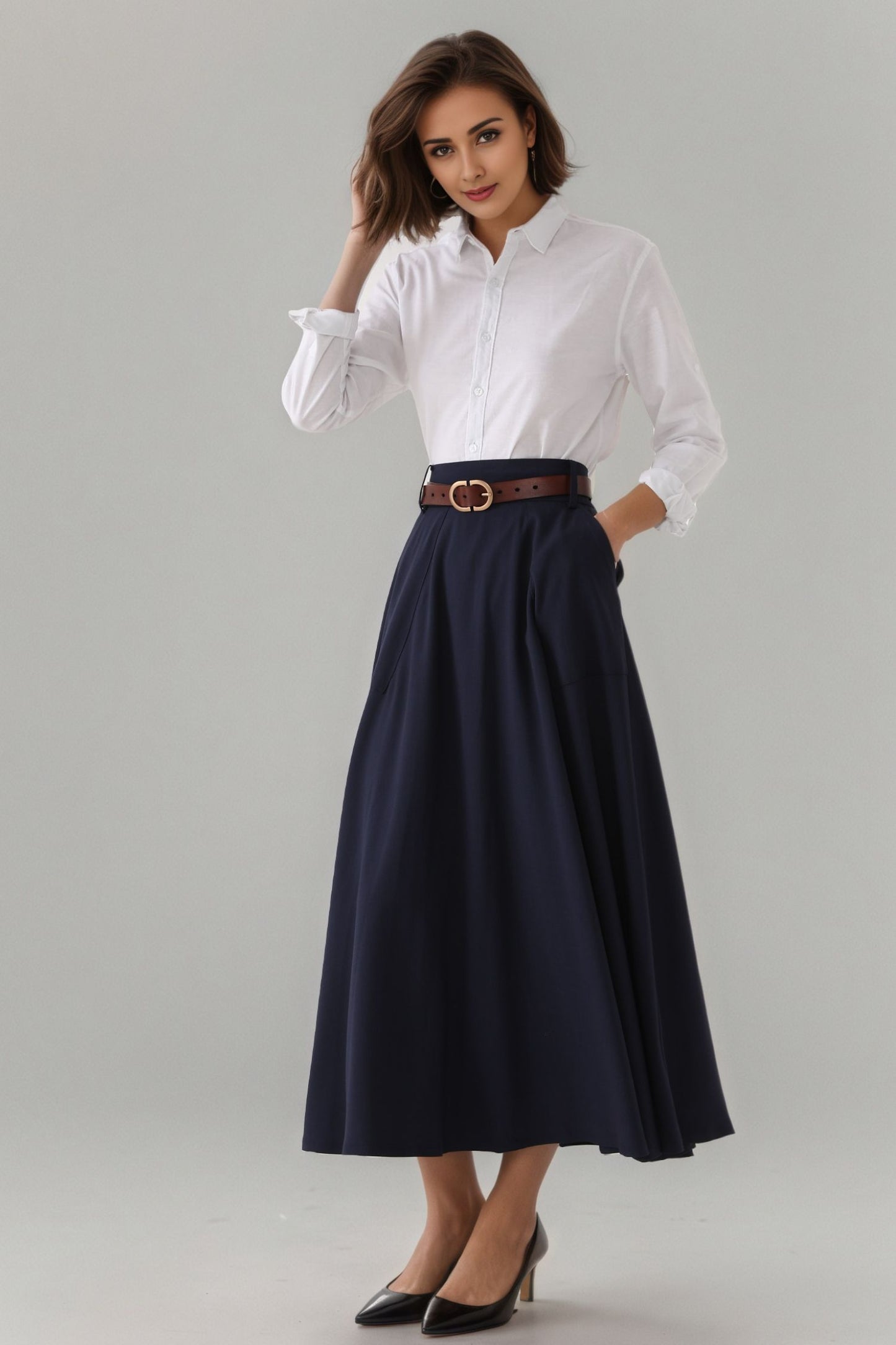Handmade Cotton Blend A-Line Midi Skirt – Vintage High Waist Swing Skirt with Pockets 6302