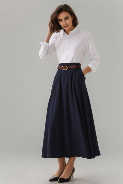Handmade Cotton Blend A-Line Midi Skirt – Vintage High Waist Swing Skirt with Pockets 6302