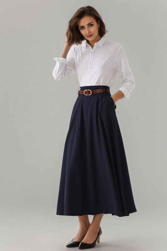Handmade Cotton Blend A-Line Midi Skirt – Vintage High Waist Swing Skirt with Pockets 6302