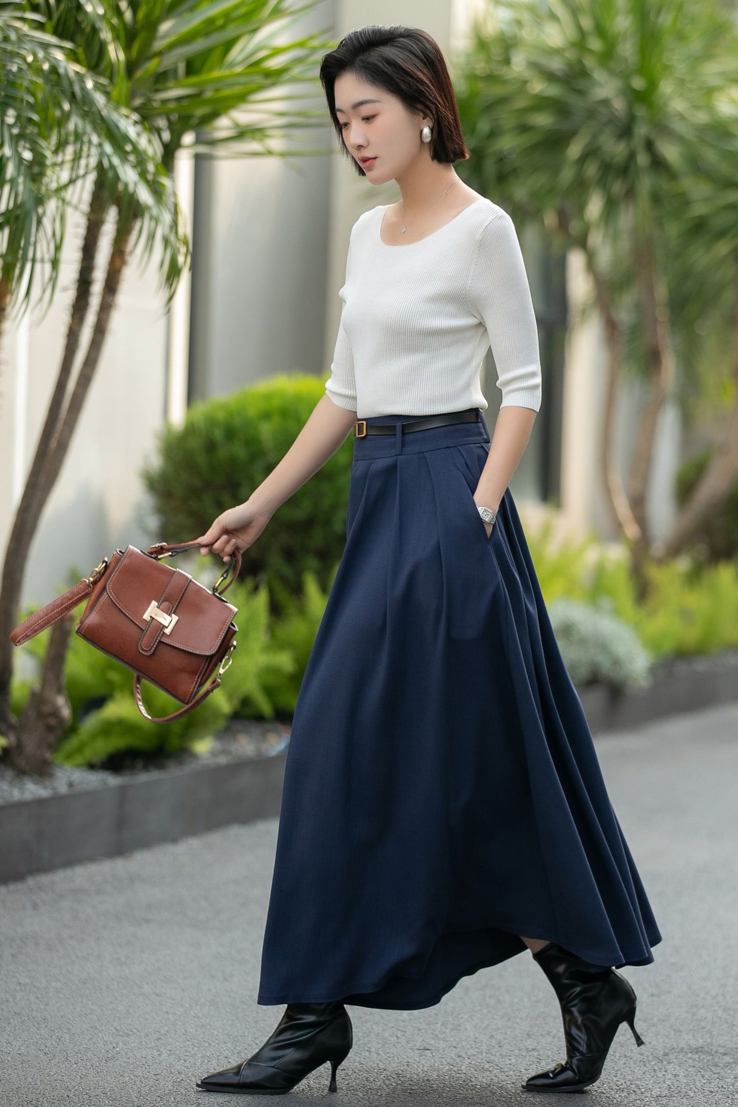 Navy Pleated Maxi Skirt – High Waist A-Line Work Skirt with Pockets 6663 -Size xs #CK2600017