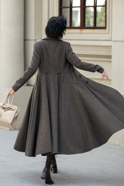 Chocolate Brown Wool Maxi Coat – Vintage Double Breasted Winter Overcoat 5460