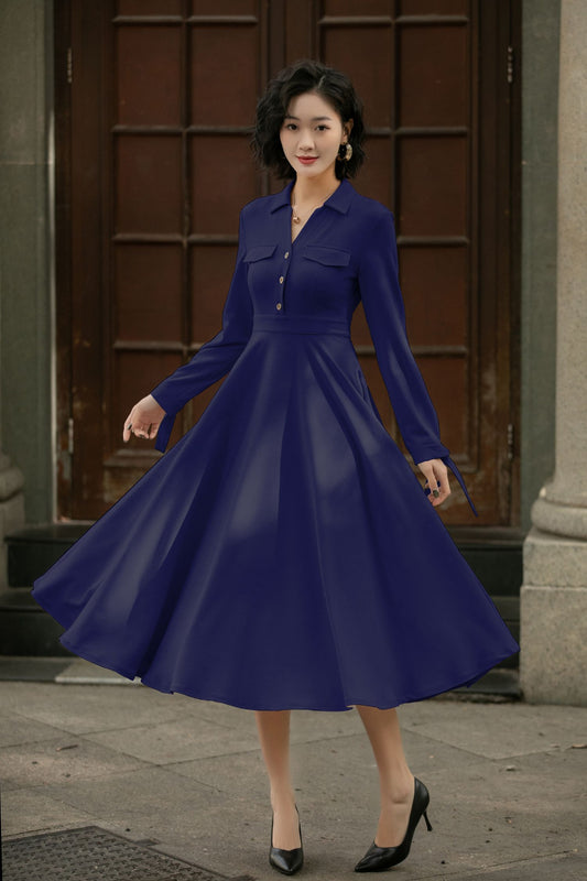 Handmade Linen Cotton Midi Shirt Dress – Vintage Elegant Swing Dress for Women 6286