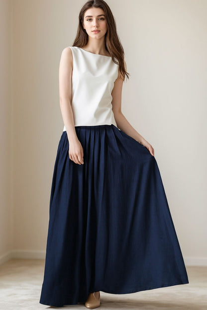 Handmade Cotton-Linen Pleated Maxi Skirt with Pockets – Navy | Xiaolizi 5132